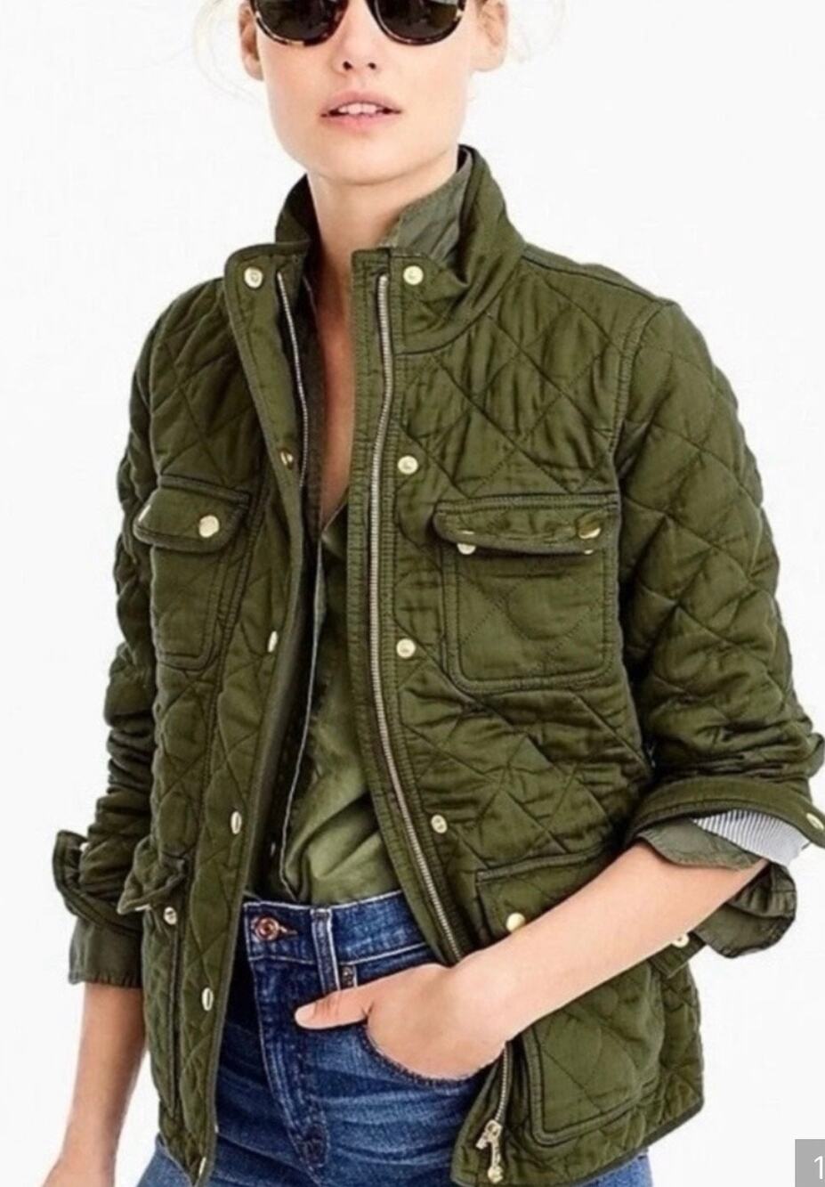 J.Crew Downtown Field Jacket Quilted Olive Green Cotton Snap Front Utility S